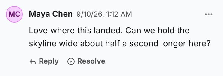 A note on the file, with a reply and a resolve under it.