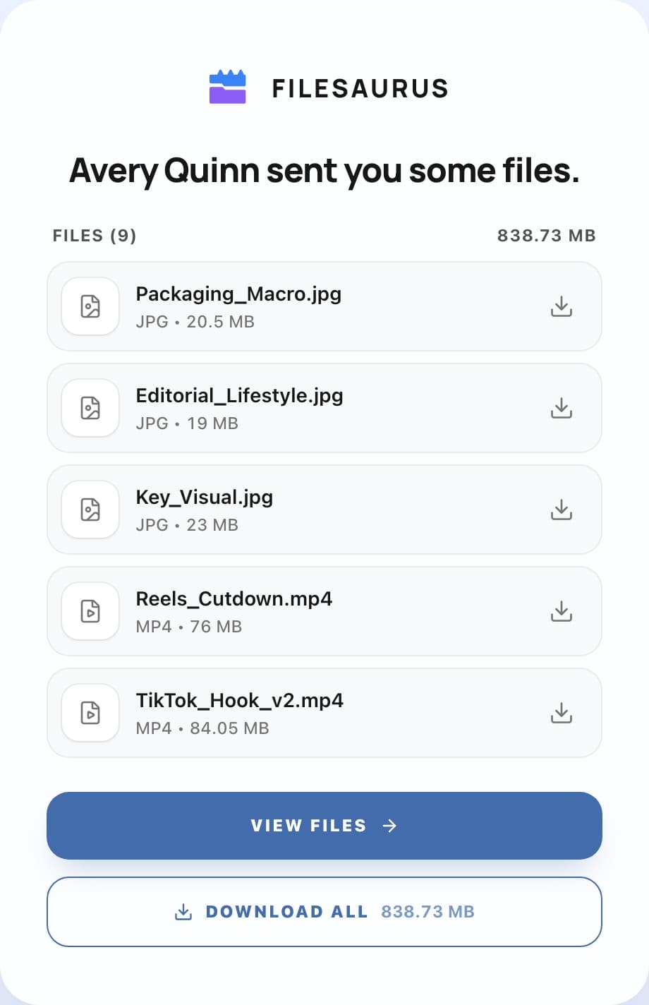 Files, sizes and one button. No account, no login.