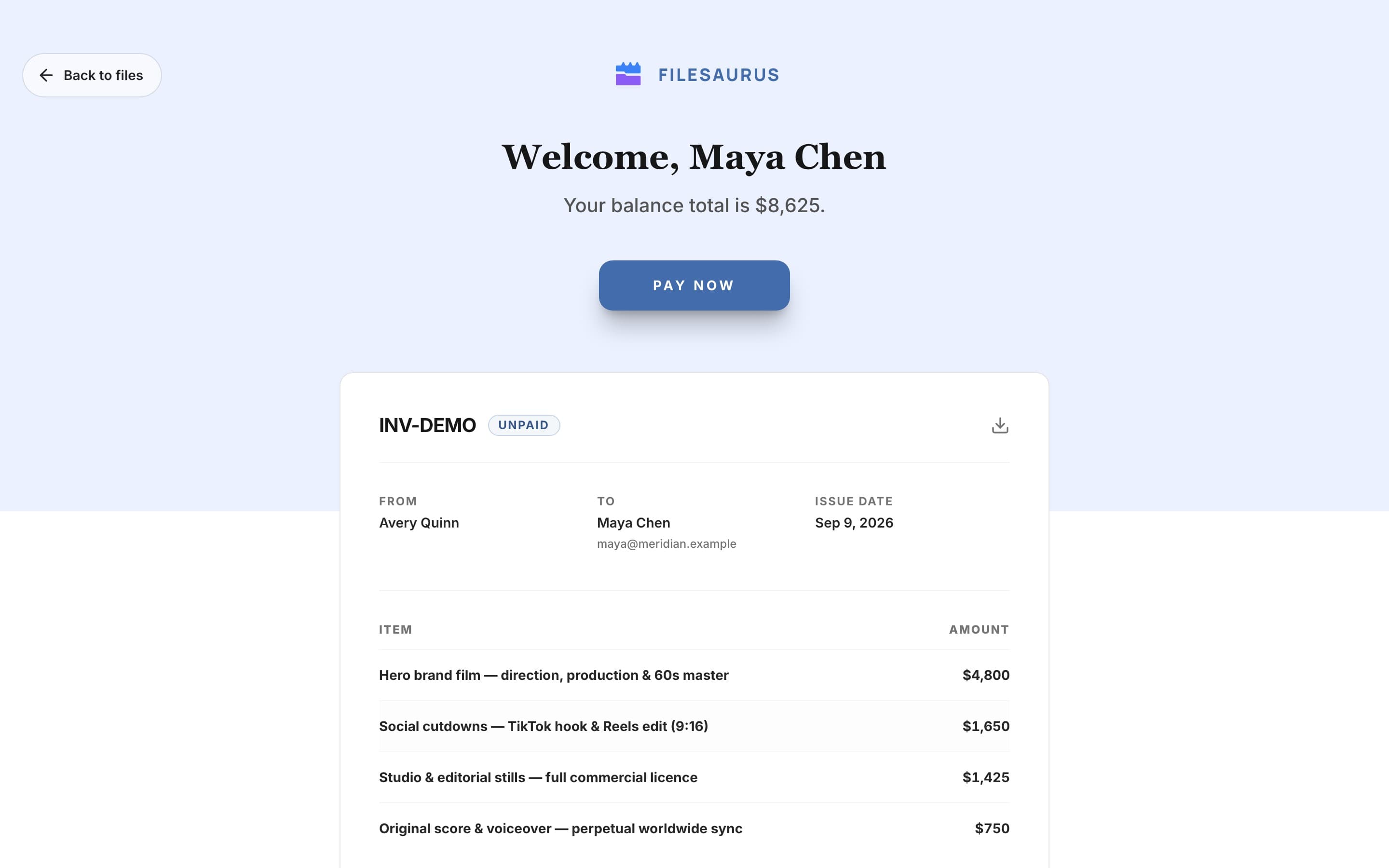 A client portal showing an invoice, with the final files locked until it is paid